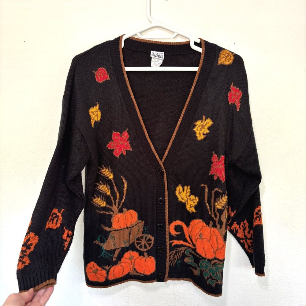 Womens Vintage Pumpkin Cardigan Sweater Medium 90s Fall Novelty Preppy Teacher